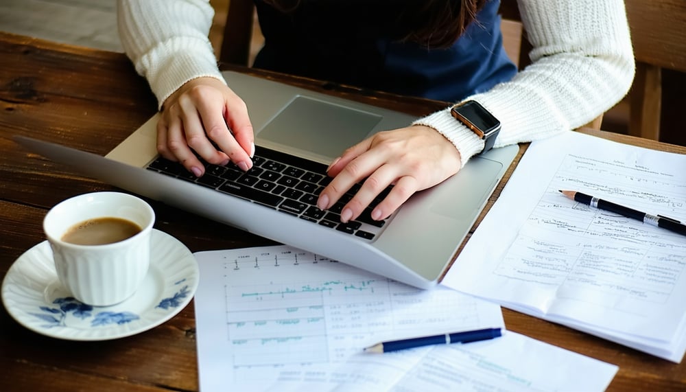 A person reading a blog on a laptop, surrounded by notes and a cup of coffee.
